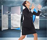 Angry businesswoman gesturing against big 3d maze under clouds