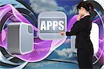 Businesswoman pointing against purple wave design on blue sky