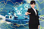 Focused businesswoman pointing against abstract yellow line design on blue sky