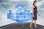 Asian businesswoman walking against cloudy landscape background with street