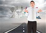 Portrait of a clueless businessman posing against street under cloudy sky