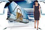 Asian businesswoman walking against abstract cloud design in futuristic structure