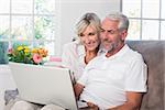 Smiling relaxed mature couple using laptop at home