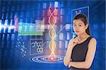 Thinking businesswoman against glowing squares on blue background