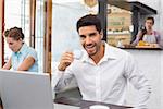 Cheerful young man drinking coffee while using laptop in the coffee shop