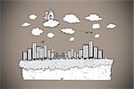 Cog over cityscape doodle against grey background with vignette