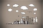 Cityscape doodle against grey background with vignette