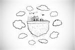 Cloud computing with cityscape doodle against white background with vignette