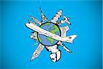 Landmarks of the world with airplane doodle against blue background with vignette