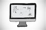 Business doodles on computer screen against white background with vignette