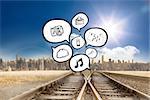 Speech bubbles with app icons against train tracks leading to city under blue sky