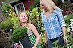 An organic flower plant nursery. A woman and a girl walking.