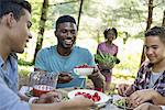 A family picnic meal in the shade of tall trees. Parents and children helping themselves to fresh fruits and vegetables.