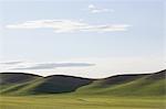 Rolling green hills and farmed land at dusk.