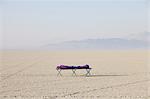 Sleeping bag on cot in vast, barren desert, dawn