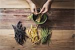 Organic green, yellow and black haricot beans, fresh vegetables being topped and tailed by a person, before cooking and eating.