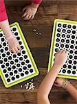 View from overhead of two children planting seeds into a seed growing tray.