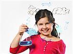 A young girl holding a conical flask of blue liquid in front of an evaporation cycle illustration drawn on a clear surface.