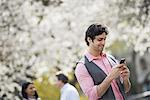 People outdoors in the city in spring time. White blossom on the trees. A young man checking his cell phone.