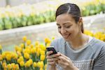 Urban Lifestyle. A woman in the park, by a bed of yellow tulips, using her mobile phone.