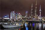 Night view of the city of Auckland from Auckland Harbour, North Island, New Zealand, Pacific