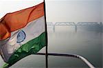 Indian flag on sukapha boat on the Hooghly River, part of Ganges River, West Bengal, India, Asia