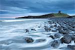 The ruins of Dunstanburgh Castle overlooking the boulder strewn shores of Embleton Bay, Northumberland, England, United Kingdom, Europe