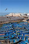 View over the fishing harbour to the ramparts and medina, Essaouira, Atlantic coast, Morocco, North Africa, Africa