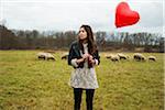 Young Woman with Heart-shaped Balloon by Sheep in Field, Mannheim, Baden-Wurttemberg, Germany