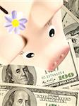 Money background from hundred bucks banknotes with Piggy Bank