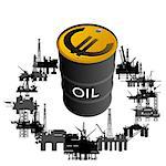 Barrel of oil products and oil platforms. Illustration on white background.