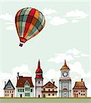 Set of cartoon residental houses and air balloon on a cloudy sky. Vector village.