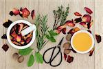 Herb and rose flower ingredients for magical love potions over oak wood  background.