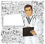 Vector doctor man writing something with marker on clipboard