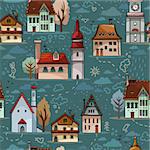 Seamless pattern with cartoon houses on a blue background.