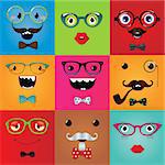Set of funny hipster monster eyes and face expressions. Vector illustration. Party design elements and masks.