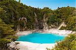 Incredibly blue and highly acidic Inferno Crater Lake at Waimangu geothermal area, New Zealand