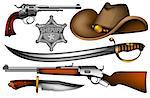 set of sheriff's weapons and accessories, this illustration may be useful as designer work