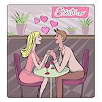 Valentine's Day, dating or honeymoon retro card, cartoon illustration of two lovers at the bistro flirting and drinking wine
