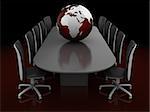 3d illustration of conversation table with earth globe, over red background