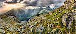 mountain landscape panorama with Poprad Pond at sunset, High Tatras, Slovakia