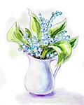 Lilies of the valley in jug. Watercolor painting.