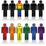 Concept illustration showing outlines of people, some in the colors of the rainbow flag