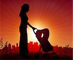 Mother and baby carriage on sunset background  Original Vector Illustration Mother with Sunset