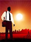 Traveling Businessman on sunset background Original Vector Illustration Business People on Sunset Background