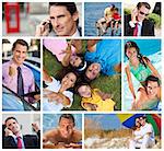 Montage of a successful working man, father and husband balancing working & family life, on cell phone, using tablet computer, at beach, swimming pool & fishing.