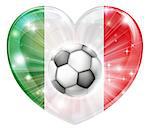 Italy soccer football ball flag love heart concept with the Italian flag in a heart shape and a soccer ball flying out