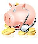 Financial health check conceptual illustration of a piggy bank surrounded by gold pennies wearing a stethoscope. Could also relate to medical insurance or health care costs.