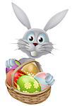 A white Easter bunny rabbit with a basket of decorated painted Easter eggs