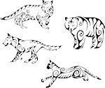 Predator animals in tribal style. Set of black and white vector illustrations. Tattoos.